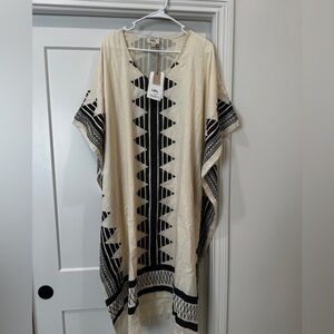 NWT Holiday Poko Kaftan Boho Cotton Cover Up OS Black Cream Resort Dress